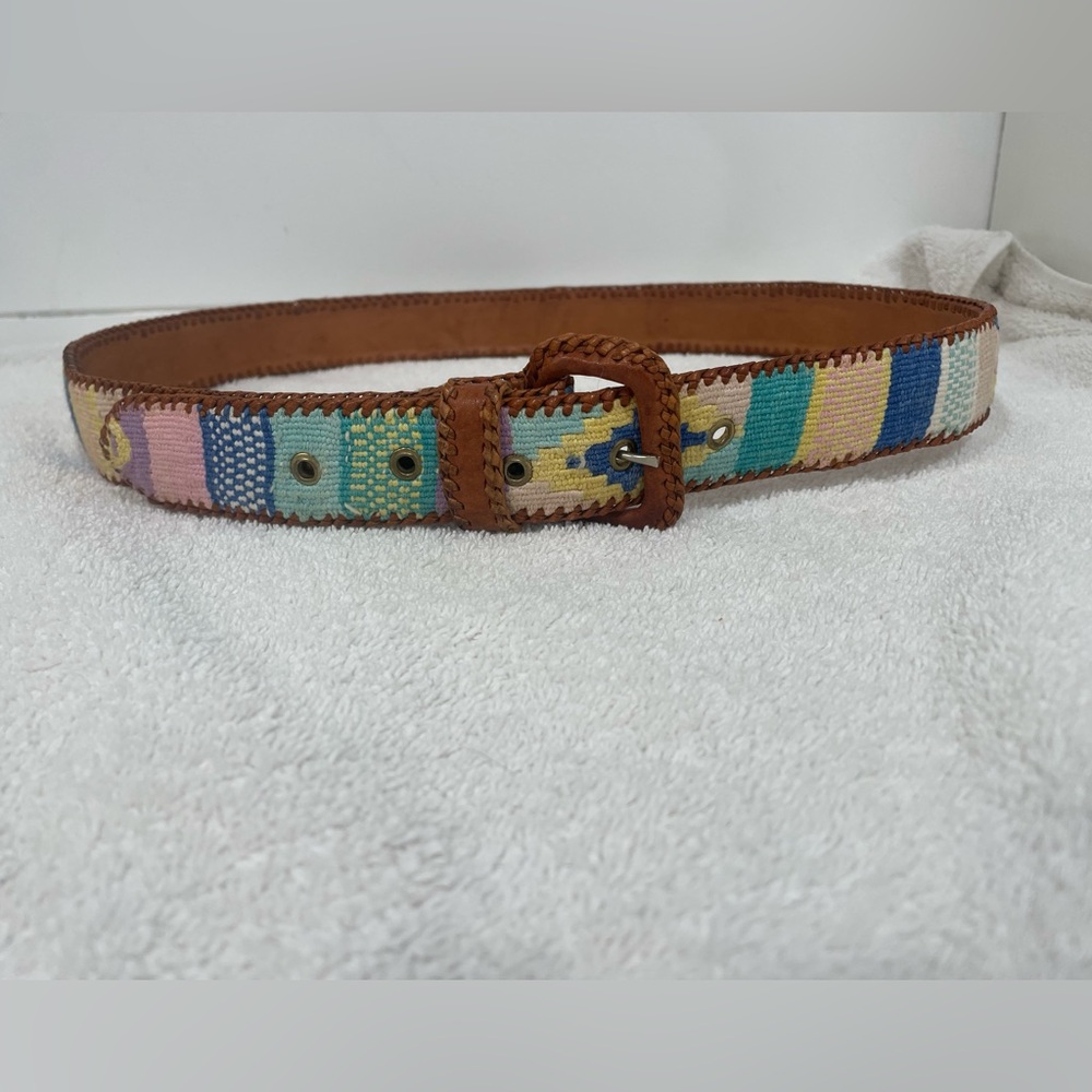 Cornucopia handmade Guatemalan multicolored woven leather belt - XL